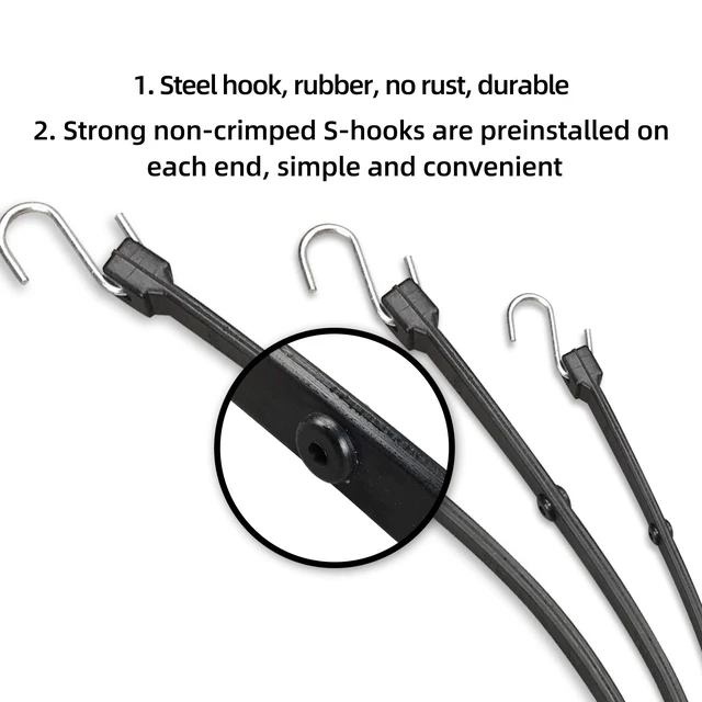 Alt view image 6 of 7 - Adjustable 31" Rubber Tarp Straps with 150% Max Stretch, 100% EPDM Bungee Cords with Metal Crimped S Hooks, Ideal for Securing Tarps, Cargo, Canvases, Weatherproof (10 Pack)