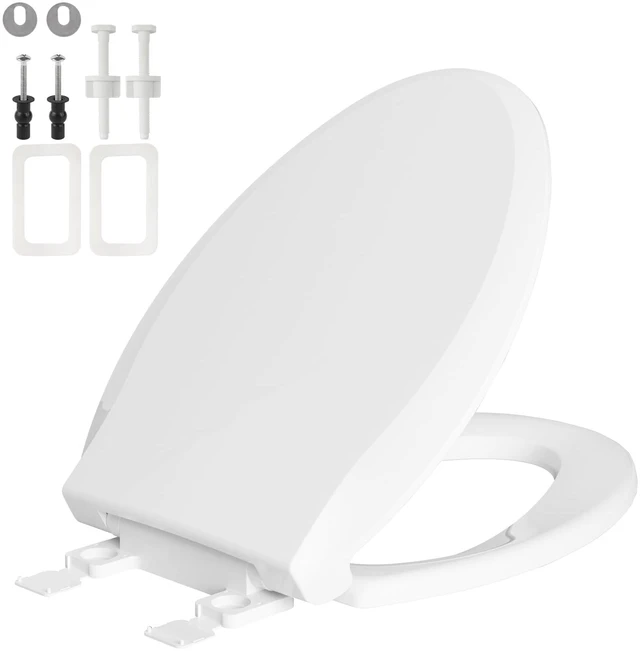 Main image of Toilet Seat Elongated with Slow Close Hinges, Universal Oval Fit, White Compatible with TOTO/Kohler/Gerber/American Standard, Four Bumpers Never Loosen, Two Sets Toilet Bolts and Nuts