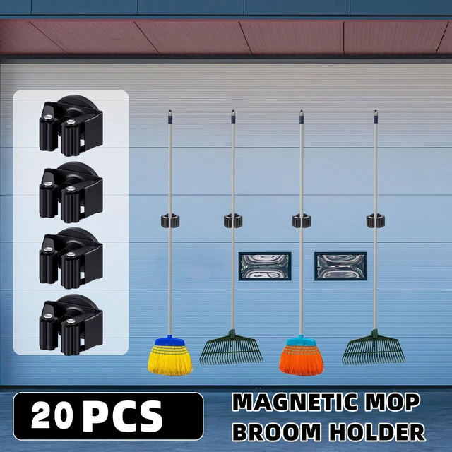 Alt view image 3 of 5 - 20 Pcs Magnetic Broom Holder Wall Mounted Anti Slip Rack,Black Movable Magnetic Organizer for Mops Brooms, Dual Roller Grip, Wall Storage for Garage Kitchen Laundry Garden Tools