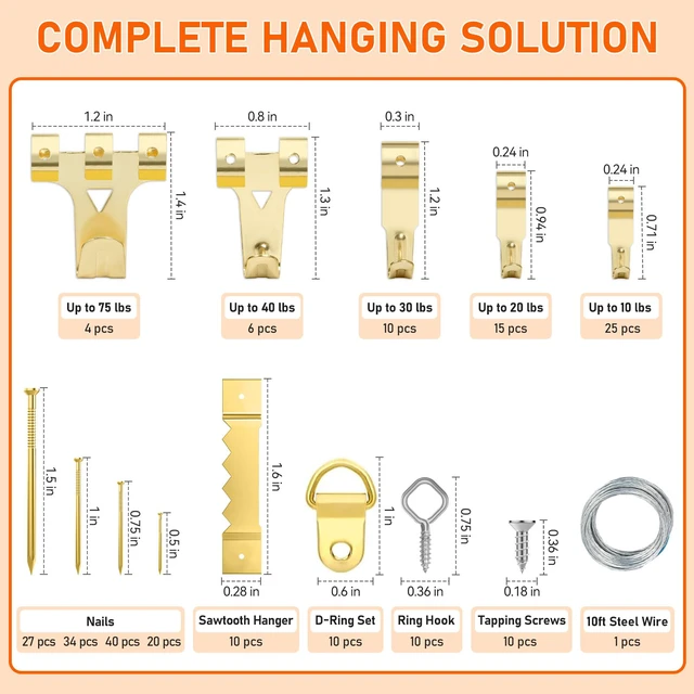Alt view image 2 of 7 - Picture Hanging Kit, 224pcs Hanging Hardware with Hooks, Wire, Nails, D Rings, Photo Sawtooth Hangers, Ring Hooks, Wall Art Frame Hanging Kit with Yellow Magnetic Level and Small Claw Hammer