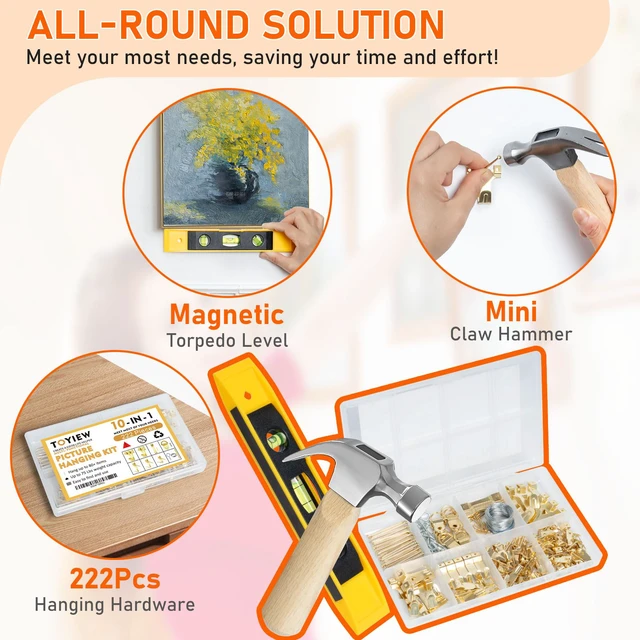 Alt view image 3 of 7 - Picture Hanging Kit, 224pcs Hanging Hardware with Hooks, Wire, Nails, D Rings, Photo Sawtooth Hangers, Ring Hooks, Wall Art Frame Hanging Kit with Yellow Magnetic Level and Small Claw Hammer