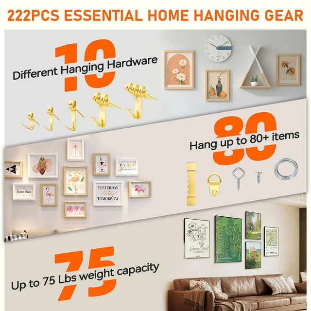 Alt view image 4 of 7 - Picture Hanging Kit, 224pcs Hanging Hardware with Hooks, Wire, Nails, D Rings, Photo Sawtooth Hangers, Ring Hooks, Wall Art Frame Hanging Kit with Yellow Magnetic Level and Small Claw Hammer