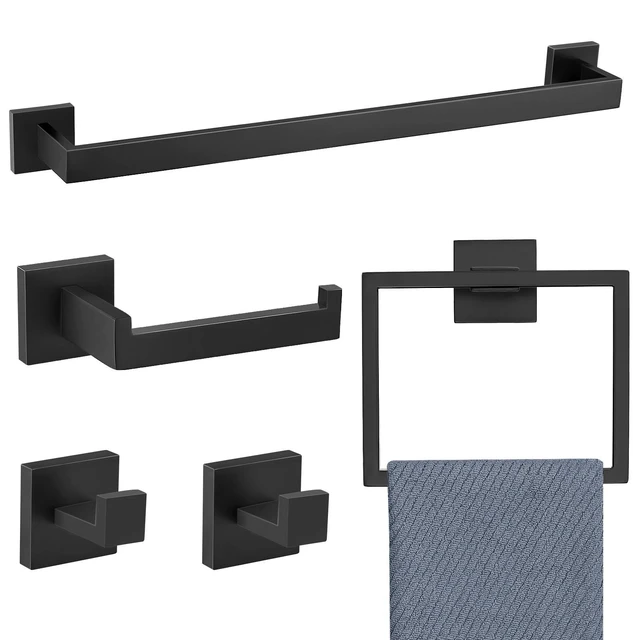 Main image of 5 Pieces Bathroom Hardware Accessories Set Black Towel Bar Set Towel Holder Racks Set for Bathroom,SUS304 Stainless Steel,Wall Mounted 23.6-Inch