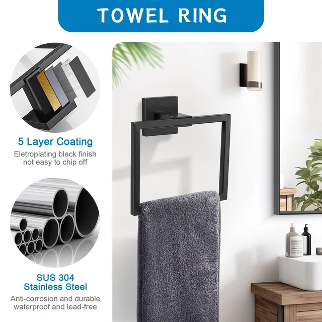Alt view image 3 of 7 - 5 Pieces Bathroom Hardware Accessories Set Black Towel Bar Set Towel Holder Racks Set for Bathroom,SUS304 Stainless Steel,Wall Mounted 23.6-Inch