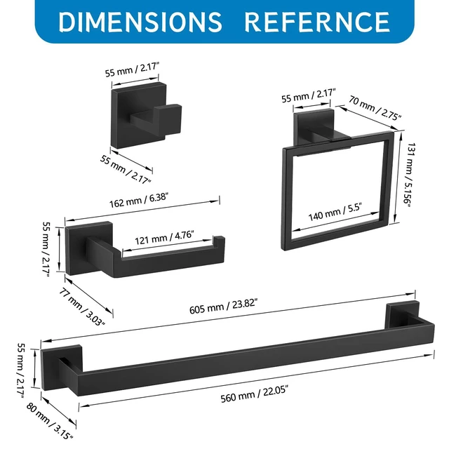Alt view image 6 of 7 - 5 Pieces Bathroom Hardware Accessories Set Black Towel Bar Set Towel Holder Racks Set for Bathroom,SUS304 Stainless Steel,Wall Mounted 23.6-Inch