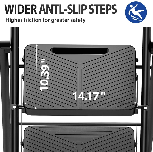 Alt view image 2 of 7 - Folding 2 Step Ladder, Step Stool with Anti-Slip Pedals | Portable Sturdy Steel ladder with Handrail, Safe-Lock Design, Multi-Purpose, Home, Kitchen, Pass 500lbs Load Testing, Black