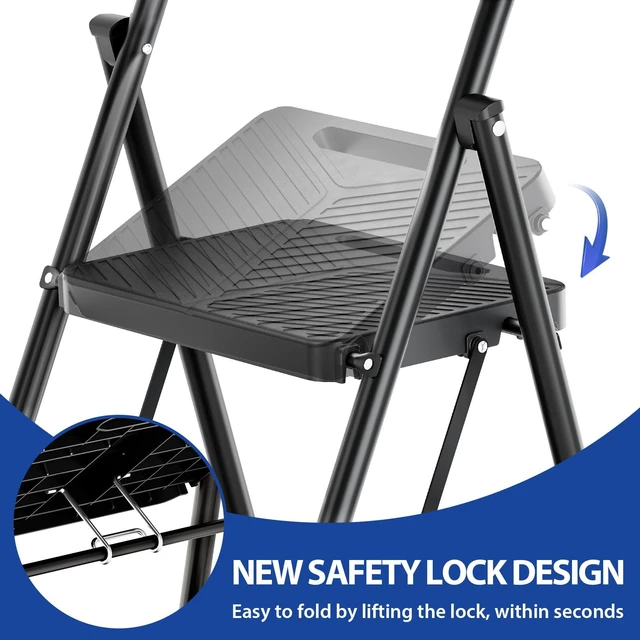Alt view image 5 of 7 - Folding 2 Step Ladder, Step Stool with Anti-Slip Pedals | Portable Sturdy Steel ladder with Handrail, Safe-Lock Design, Multi-Purpose, Home, Kitchen, Pass 500lbs Load Testing, Black