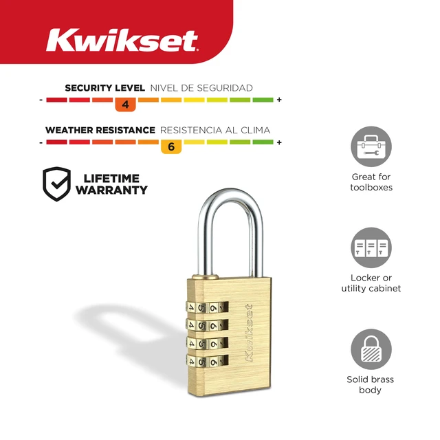 Alt view image 2 of 6 - Brass Combination Padlock, 4-Digit, 1-1/2" Body, 1-3/16" Shackle Resettable Keyless Code with 10,000 Settings; 1-1/2 in Brass Body and 1-3/16 in Shackle for Lockers
