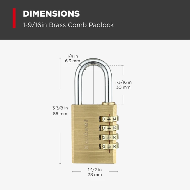 Alt view image 3 of 6 - Brass Combination Padlock, 4-Digit, 1-1/2" Body, 1-3/16" Shackle Resettable Keyless Code with 10,000 Settings; 1-1/2 in Brass Body and 1-3/16 in Shackle for Lockers