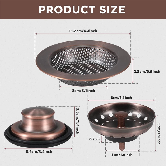 Alt view image 2 of 7 - 3 Pcs Sink Plug Stopper Disposal Drain Strainer,Antique Copper Stainless Steel, Universal Fit for Kitchen Drains, Anti-clogging Mesh Basket, Strainer and Plug Stoppers for Garbage Disposal