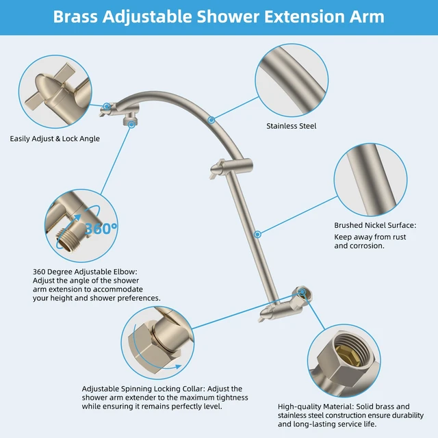 Alt view image 2 of 7 - All Metal 20'' Shower Head Extension Arm, Brushed Nickel Solid Brass Adjustable Shower Arm with Lock Joint, Flexible Height & Angle, Universal Connection Shower Head Extender