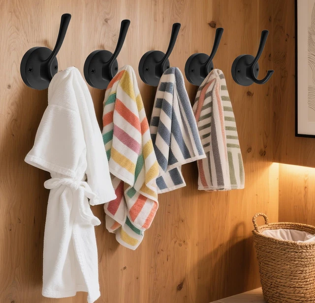 Alt view image 3 of 7 - Black Towel Hooks for Wall, 5 Pack Coat Robe Hook Heavy Duty Metal Double Bath Hook Wall Mounted, Hat Hooks for Cubicle Bathroom Kitchen Closet Garage
