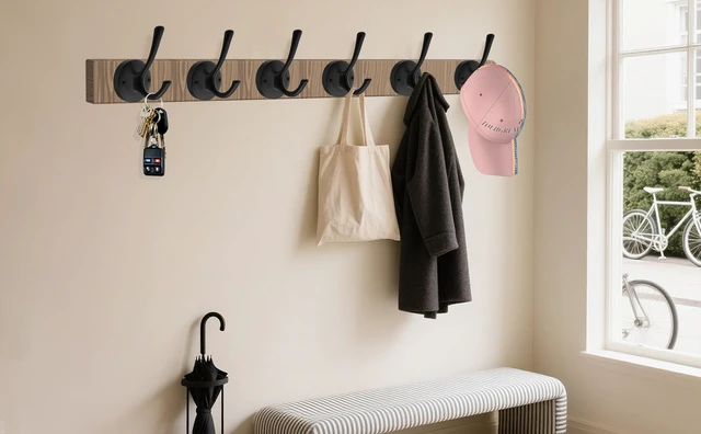 Alt view image 2 of 7 - Black Towel Hooks for Wall, 5 Pack Coat Robe Hook Heavy Duty Metal Double Bath Hook Wall Mounted, Hat Hooks for Cubicle Bathroom Kitchen Closet Garage