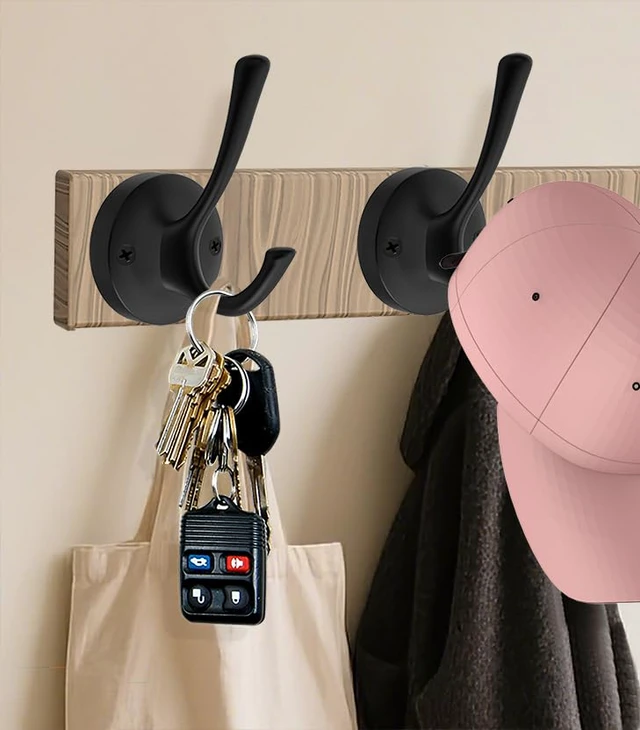 Alt view image 2 of 7 - Black Wall Hooks, 6 Pack Coat Towel Hook Heavy Duty Metal Double Bath Robe Hook Wall Mounted, Hat Hooks for Cubicle Bathroom Kitchen Closet Garage