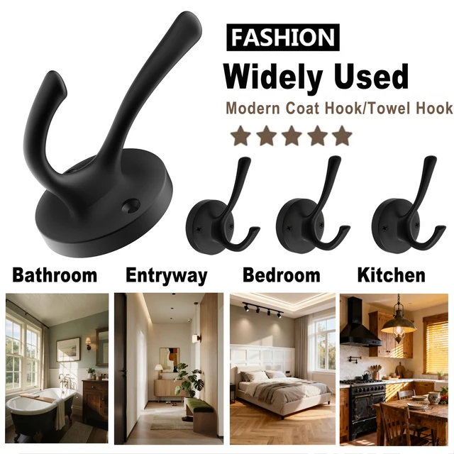 Alt view image 7 of 7 - Black Towel Hooks for Wall, 5 Pack Coat Robe Hook Heavy Duty Metal Double Bath Hook Wall Mounted, Hat Hooks for Cubicle Bathroom Kitchen Closet Garage