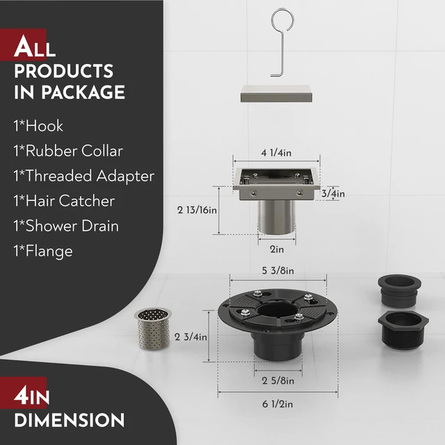 Alt view image 2 of 6 - 4 Inch Square Shower Drain Nickel Floor Drain with Flange Reversible 2-in-1 Cover Tile Insert Grate Removable SUS304 Stainless Steel CUPC Certified Brushed Nickel