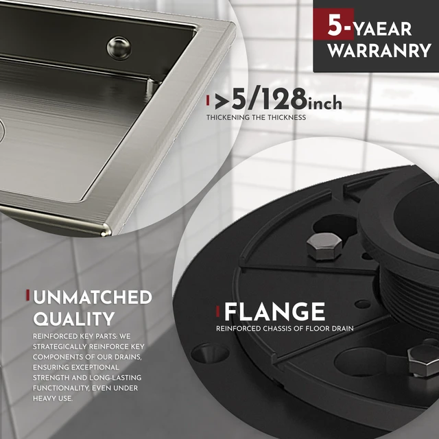 Alt view image 3 of 6 - 4 Inch Square Shower Drain Nickel Floor Drain with Flange Reversible 2-in-1 Cover Tile Insert Grate Removable SUS304 Stainless Steel CUPC Certified Brushed Nickel