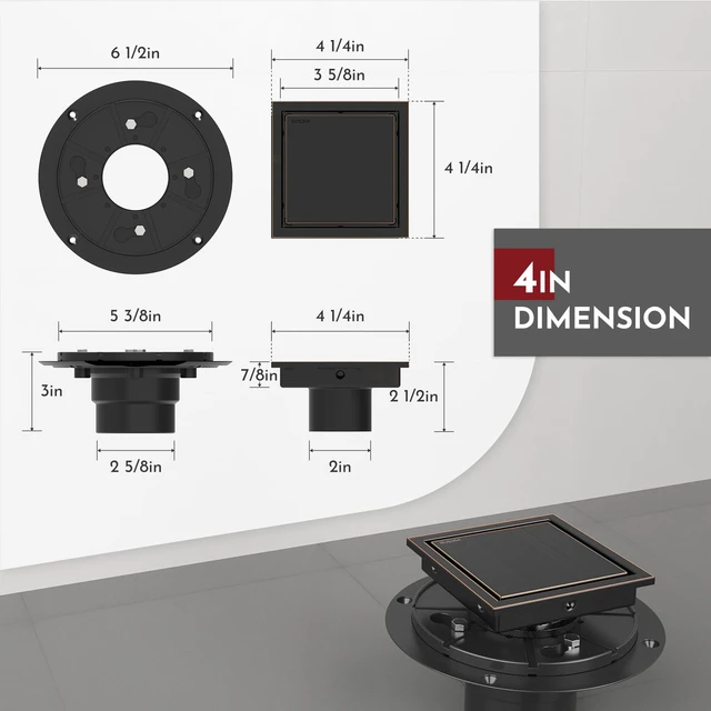Alt view image 2 of 6 - 4 Inch Square Shower Drain Bronze Floor Drain with Flange Reversible 2-in-1 Cover Tile Insert Grate Removable SUS304 Stainless Steel CUPC Certified Oil Rubbed Bronze