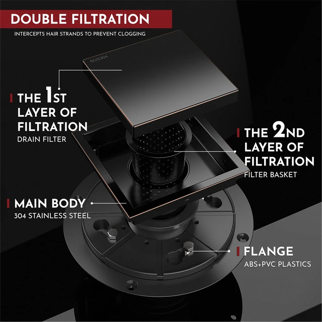 Alt view image 4 of 6 - 4 Inch Square Shower Drain Bronze Floor Drain with Flange Reversible 2-in-1 Cover Tile Insert Grate Removable SUS304 Stainless Steel CUPC Certified Oil Rubbed Bronze