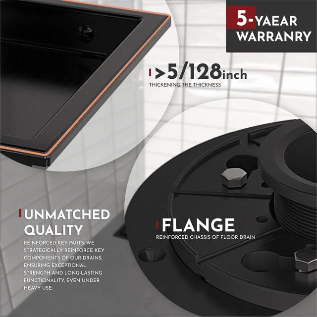 Alt view image 3 of 6 - 4 Inch Square Shower Drain Bronze Floor Drain with Flange Reversible 2-in-1 Cover Tile Insert Grate Removable SUS304 Stainless Steel CUPC Certified Oil Rubbed Bronze