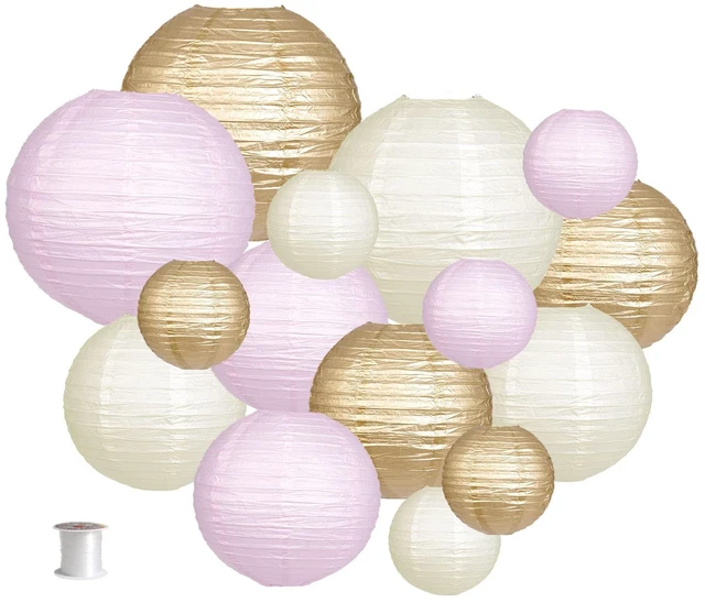 Main image of Round Hanging Paper Lanterns Pink Party Decorations 15pcs Paper Lanterns Party Decorations for Wedding, Engagement, Baby Showers, Birthday Party Supplies Pink/Gold/Ivory