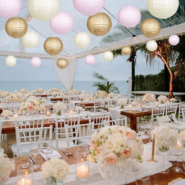 Alt view image 4 of 7 - Round Hanging Paper Lanterns Pink Party Decorations 15pcs Paper Lanterns Party Decorations for Wedding, Engagement, Baby Showers, Birthday Party Supplies Pink/Gold/Ivory