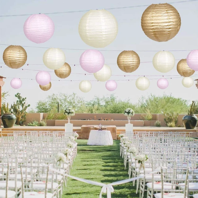 Alt view image 3 of 7 - Round Hanging Paper Lanterns Pink Party Decorations 15pcs Paper Lanterns Party Decorations for Wedding, Engagement, Baby Showers, Birthday Party Supplies Pink/Gold/Ivory