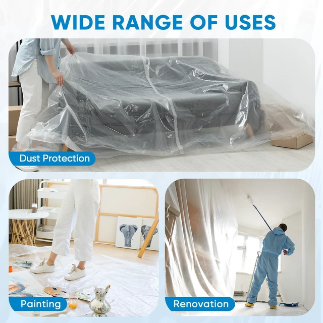 Alt view image 3 of 7 - 12 x 9 Ft Plastic Drop Cloth for Painting, Waterproof Painters Plastic Sheeting, Painting Tarp for Furniture Cover, Floor Protection (12PK, 1.2Mil)