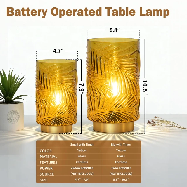 Alt view image 3 of 7 - Battery Operated Lamp with Timer, Cordless Table Lamp Decorative Battery Powered Night Light, Wireless LED Accent Glass, for Living Room Bathroom Decor Indoor Counter, Large Yellow