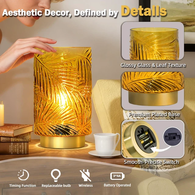 Alt view image 6 of 7 - Battery Operated Lamp with Timer, Cordless Table Lamp Decorative Battery Powered Night Light, Wireless LED Accent Glass, for Living Room Bathroom Decor Indoor Counter, Large Yellow