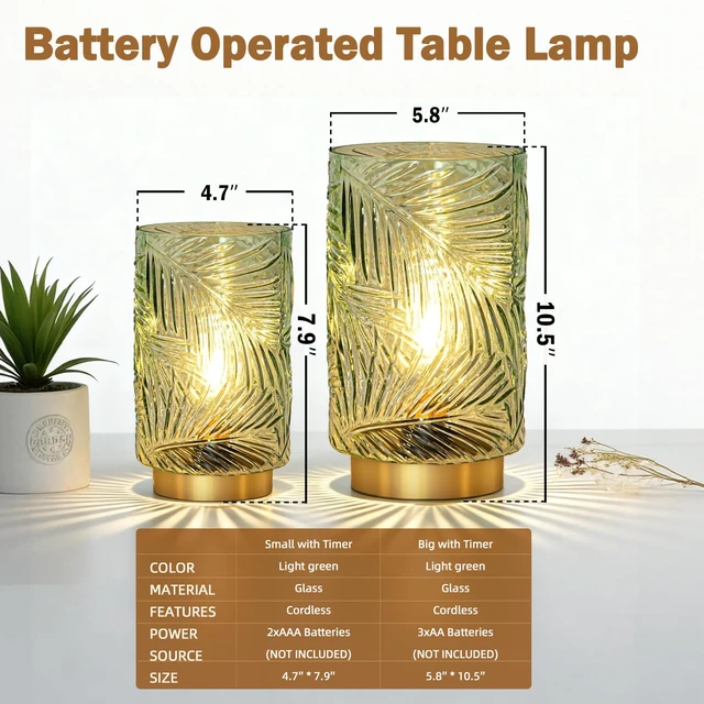 Alt view image 4 of 7 - Battery Operated Lamp with Timer, Cordless Table Lamp Decorative Battery Powered Night Light, Wireless LED Accent Glass, for Living Room Bathroom Decor Indoor Counter, Large Light Green