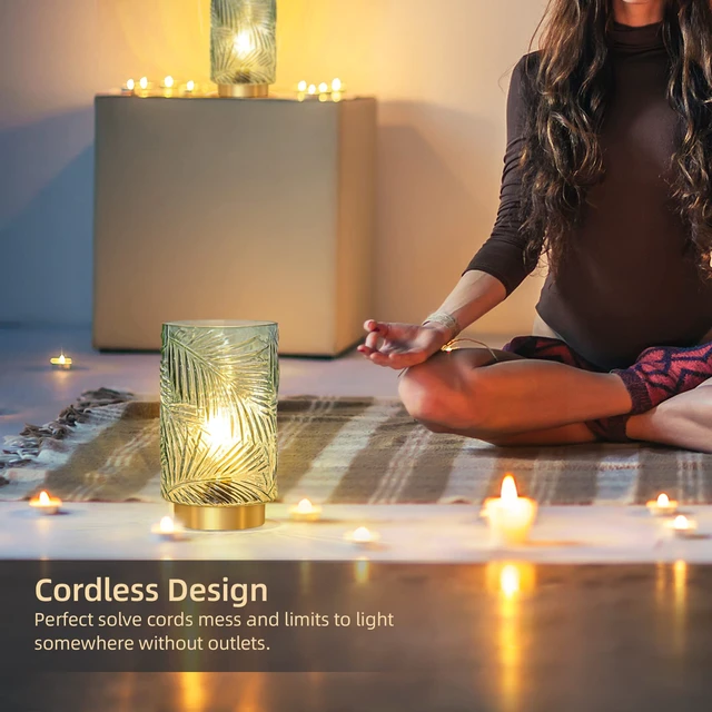 Alt view image 5 of 7 - Battery Operated Lamp with Timer, Cordless Table Lamp Decorative Battery Powered Night Light, Wireless LED Accent Glass, for Living Room Bathroom Decor Indoor Counter, Large Light Green