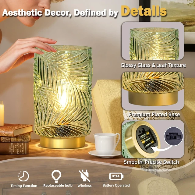 Alt view image 6 of 7 - Battery Operated Lamp with Timer, Cordless Table Lamp Decorative Battery Powered Night Light, Wireless LED Accent Glass, for Living Room Bathroom Decor Indoor Counter, Large Light Green