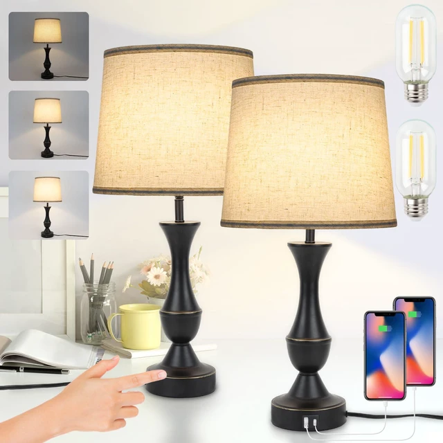 Main image of Touch Table Lamps Set of 2, Farmhouse Table Lamp with USB Charge 3 Way Dimmable Nightstand Lamps with Linen Fabric Lampshade for Bedroom, Living Room (Pack2-Black)