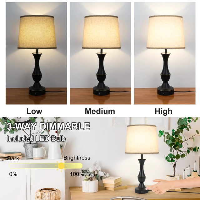 Alt view image 2 of 7 - Touch Table Lamps Set of 2, Farmhouse Table Lamp with USB Charge 3 Way Dimmable Nightstand Lamps with Linen Fabric Lampshade for Bedroom, Living Room (Pack2-Black)