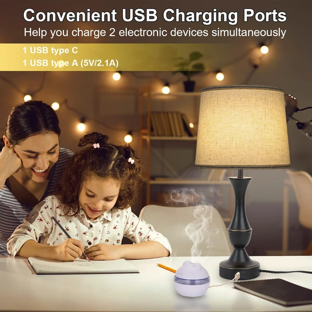 Alt view image 3 of 7 - Touch Table Lamps Set of 2, Farmhouse Table Lamp with USB Charge 3 Way Dimmable Nightstand Lamps with Linen Fabric Lampshade for Bedroom, Living Room (Pack2-Black)