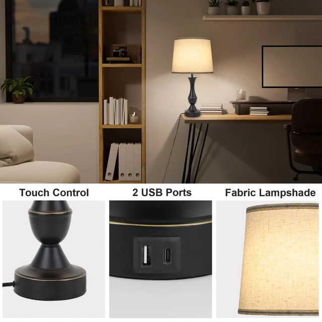 Alt view image 4 of 7 - Touch Table Lamps Set of 2, Farmhouse Table Lamp with USB Charge 3 Way Dimmable Nightstand Lamps with Linen Fabric Lampshade for Bedroom, Living Room (Pack2-Black)