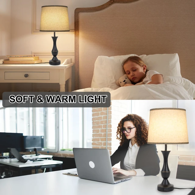 Alt view image 5 of 7 - Touch Table Lamps Set of 2, Farmhouse Table Lamp with USB Charge 3 Way Dimmable Nightstand Lamps with Linen Fabric Lampshade for Bedroom, Living Room (Pack2-Black)