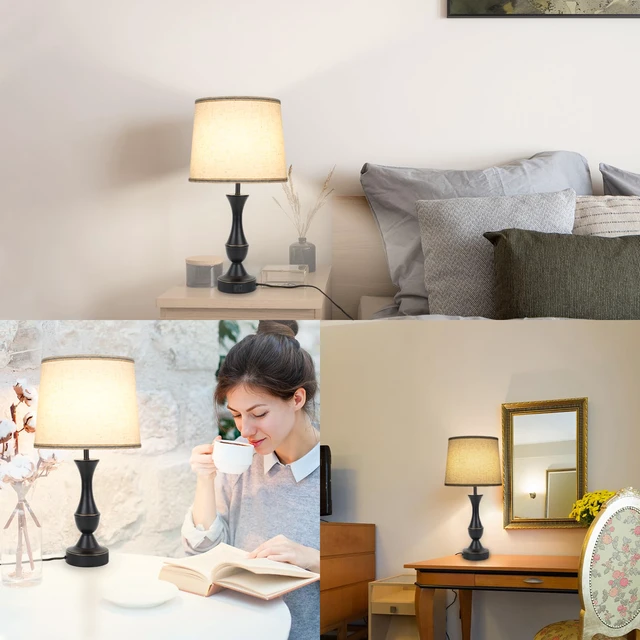 Alt view image 6 of 7 - Touch Table Lamps Set of 2, Farmhouse Table Lamp with USB Charge 3 Way Dimmable Nightstand Lamps with Linen Fabric Lampshade for Bedroom, Living Room (Pack2-Black)
