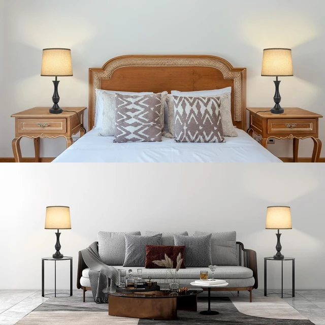 Alt view image 7 of 7 - Touch Table Lamps Set of 2, Farmhouse Table Lamp with USB Charge 3 Way Dimmable Nightstand Lamps with Linen Fabric Lampshade for Bedroom, Living Room (Pack2-Black)