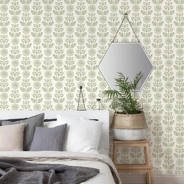 Alt view image 2 of 7 - Floral Wallpaper Peel and Stick Boho Contact Paper 17.7in×393.7in Vintage Floral Peel and Stick Wallpaper Boho Self Adhesive Wall Paper Beige Green Waterproof Removable Wallpaper for Bathroom
