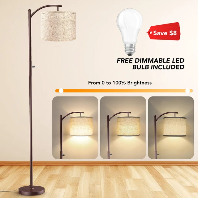 Alt view image 3 of 7 - Dimmable Floor Lamp, Arc Floor Lamps for Living Room, Stepless Dimming Modern Standing Lamp with Linen Shade, Tall Lamp for Bedroom Office Dining Room- Brown