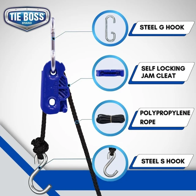 Alt view image 2 of 7 - 1/4 Inch Self-Locking Down System, 150 lbs, Blue 15 Feet of Rope, Easy to Use, Strong and Secure, Made in USA