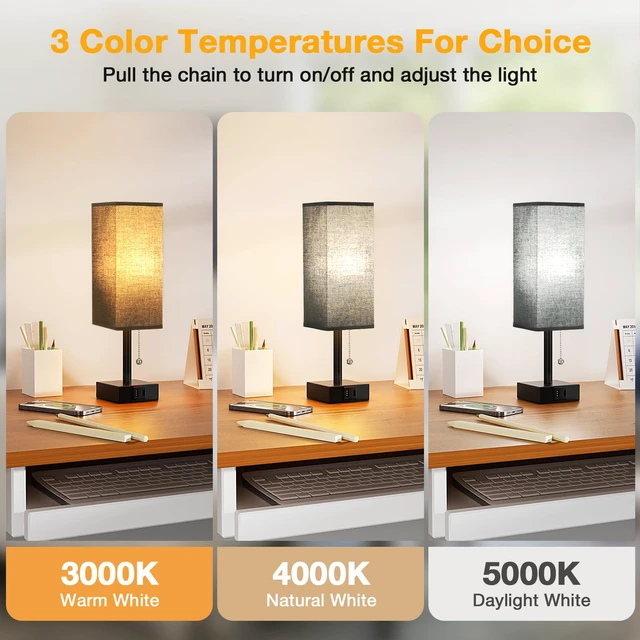 Alt view image 2 of 7 - Black Bedside Table Lamp for Bedroom - Desk Lamp For Nightstand, USB C+A Pull Chain Lamp, 3 Color Modes(3000K/4000K/5000K), E26 LED Bulb Included, Square Black Fabric Lampshade, for Read, Work, Dorm