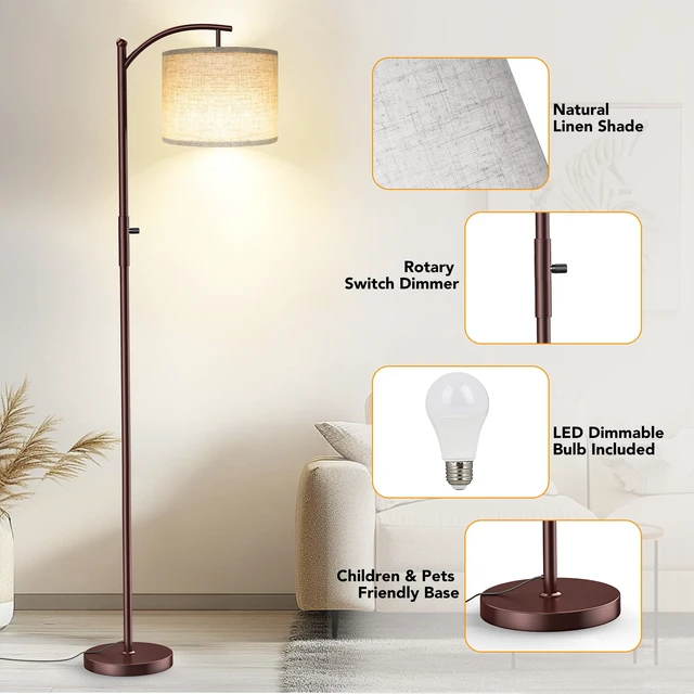 Alt view image 6 of 7 - Dimmable Floor Lamp, Arc Floor Lamps for Living Room, Stepless Dimming Modern Standing Lamp with Linen Shade, Tall Lamp for Bedroom Office Dining Room- Brown