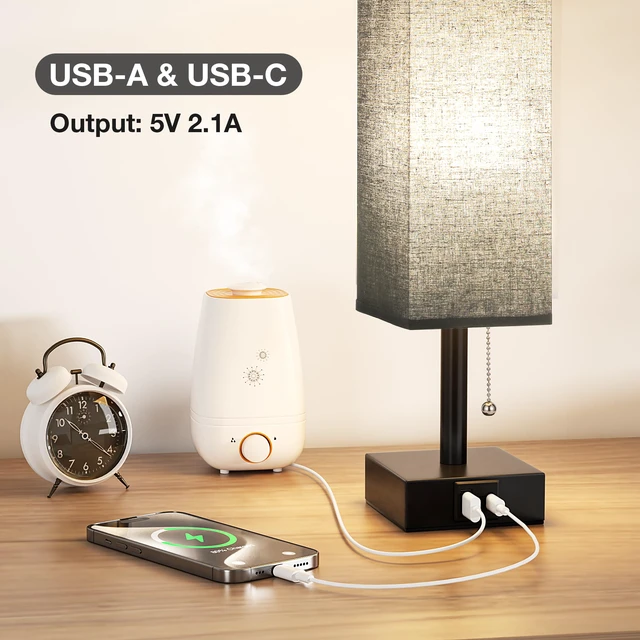Alt view image 3 of 7 - Black Bedside Table Lamp for Bedroom - Desk Lamp For Nightstand, USB C+A Pull Chain Lamp, 3 Color Modes(3000K/4000K/5000K), E26 LED Bulb Included, Square Black Fabric Lampshade, for Read, Work, Dorm