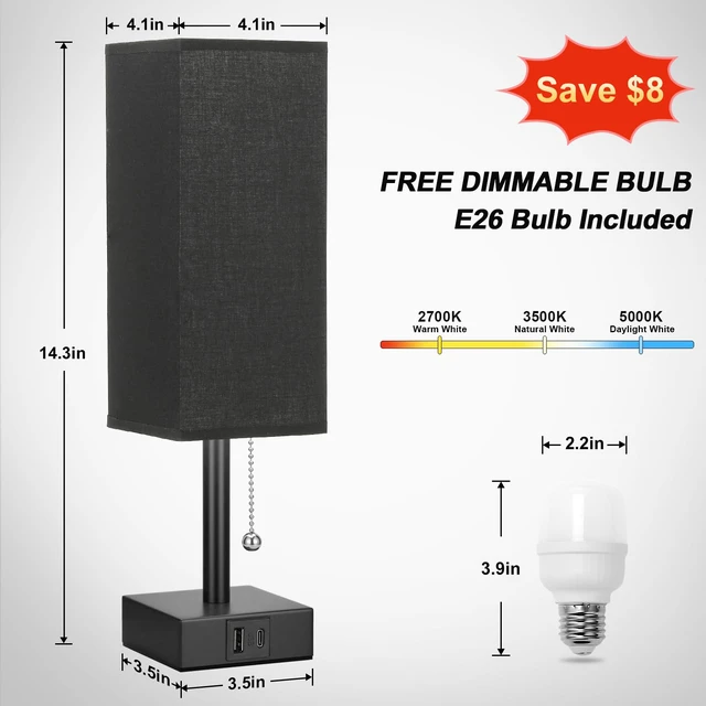 Alt view image 4 of 7 - Black Bedside Table Lamp for Bedroom - Desk Lamp For Nightstand, USB C+A Pull Chain Lamp, 3 Color Modes(3000K/4000K/5000K), E26 LED Bulb Included, Square Black Fabric Lampshade, for Read, Work, Dorm