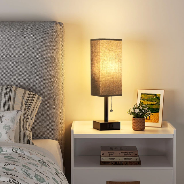 Alt view image 6 of 7 - Black Bedside Table Lamp for Bedroom - Desk Lamp For Nightstand, USB C+A Pull Chain Lamp, 3 Color Modes(3000K/4000K/5000K), E26 LED Bulb Included, Square Black Fabric Lampshade, for Read, Work, Dorm