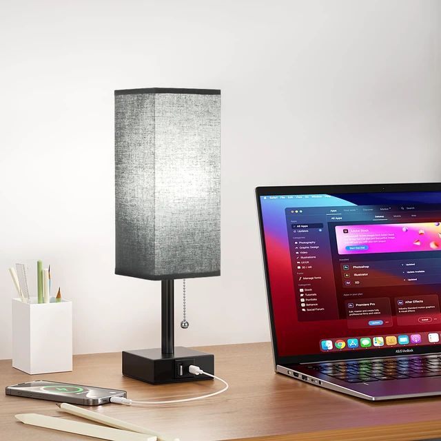 Alt view image 5 of 7 - Black Bedside Table Lamp for Bedroom - Desk Lamp For Nightstand, USB C+A Pull Chain Lamp, 3 Color Modes(3000K/4000K/5000K), E26 LED Bulb Included, Square Black Fabric Lampshade, for Read, Work, Dorm