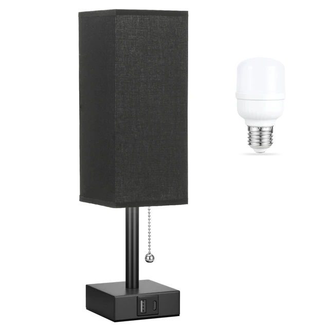 Alt view image 7 of 7 - Black Bedside Table Lamp for Bedroom - Desk Lamp For Nightstand, USB C+A Pull Chain Lamp, 3 Color Modes(3000K/4000K/5000K), E26 LED Bulb Included, Square Black Fabric Lampshade, for Read, Work, Dorm